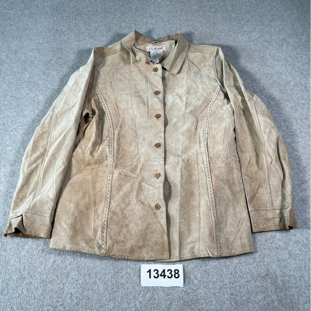 Vintage J.G. Hook Leather Jacket Women 14 Beige  Formal Winter Wear Button Front